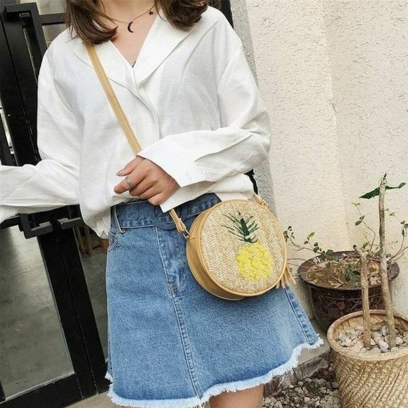 Pineapple Painted Round Straw Crossbody Bag, NWT - Picture 7 of 9
